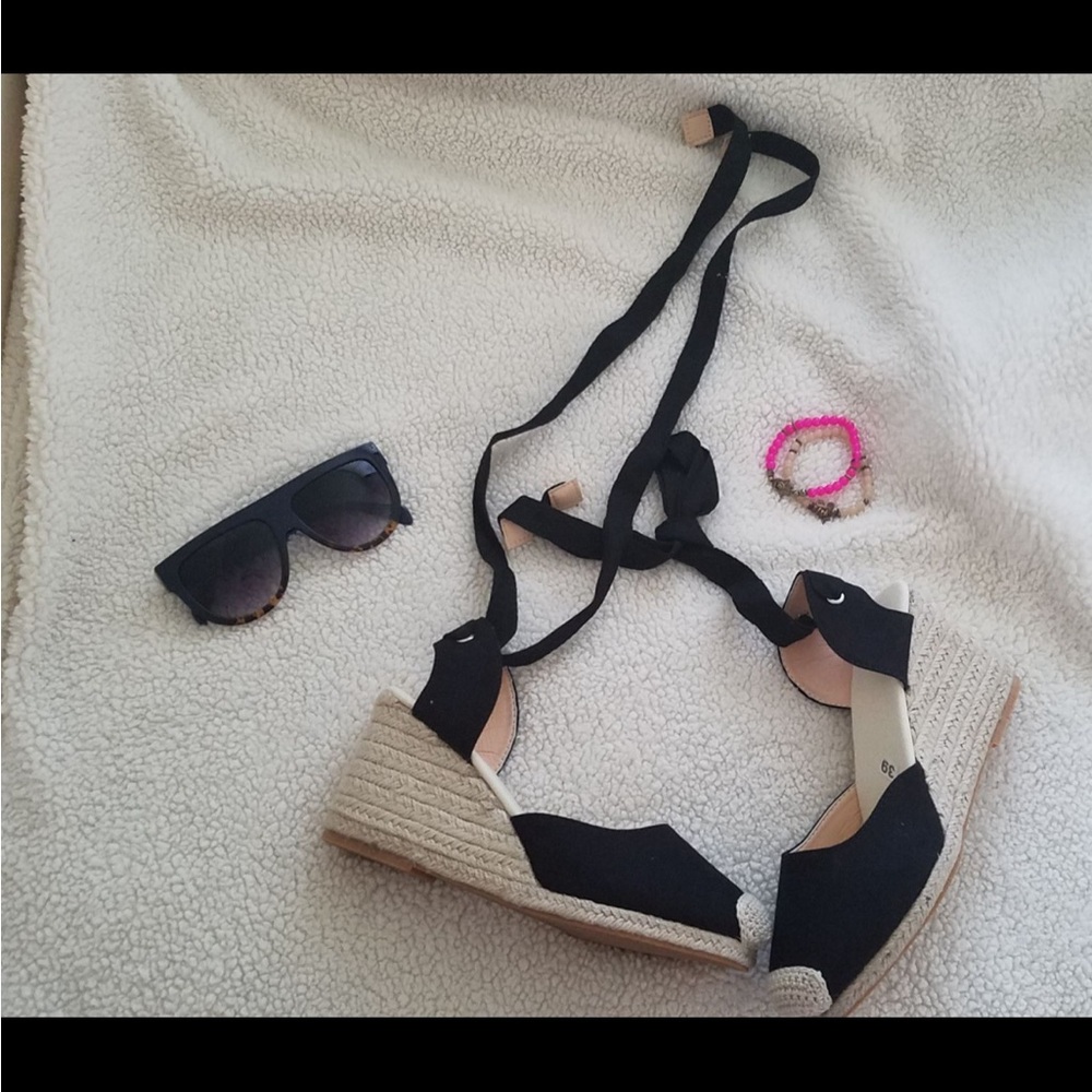 Black and Tan Espadrille Wedge Sandals